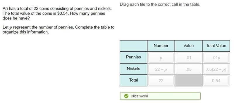 Drag each tile to the correct cell in the table. Ari has a total of 22 coins consisting-example-1