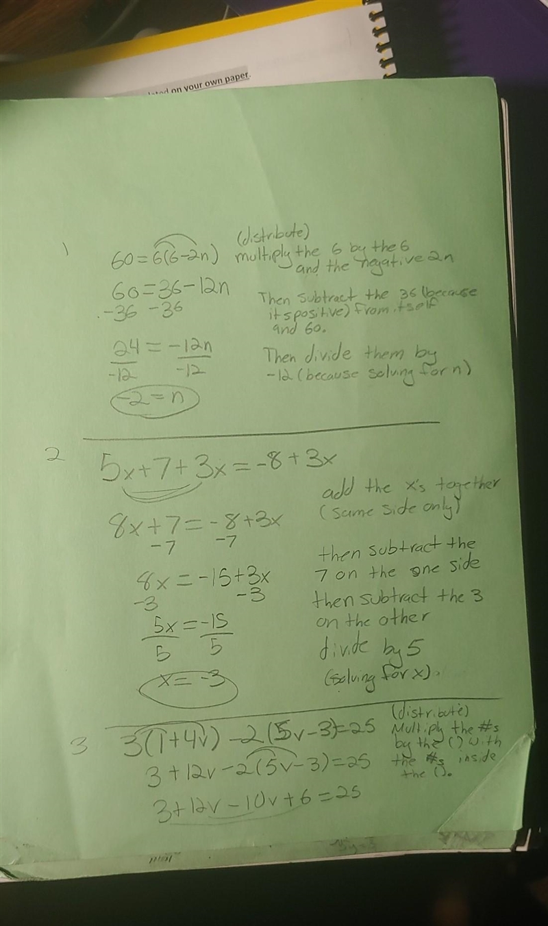 Solve the following three equations. Equation #1 60 = 6(6 – 2n) Equation #2 5x + 7 + 3x-example-1