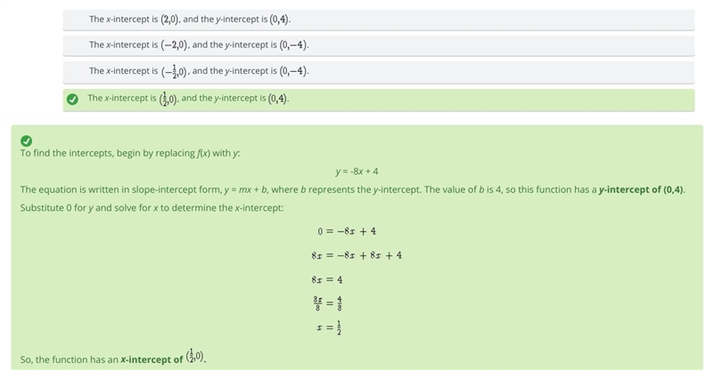 What are the intercepts of this function? F(x) = -8x + 4-example-1