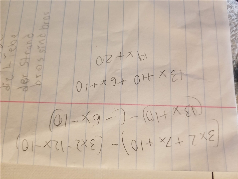 (3x2 + 7x + 10) - (3x2 - 12x - 10)-example-1