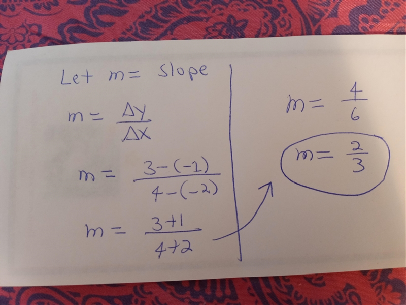 What is the slope of the line through the points (-2,-1) and (4,3) PLZ QUICK-example-1