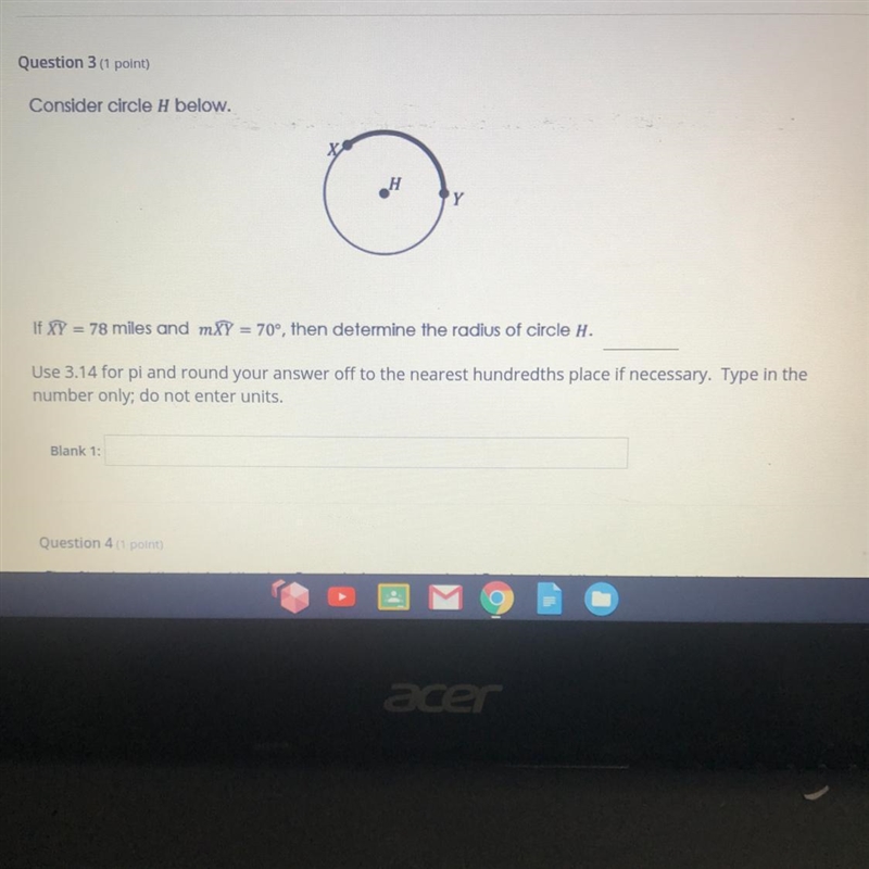 If XY = 78 miles and mXY = 70°, then determine the radius of circle H.-example-1