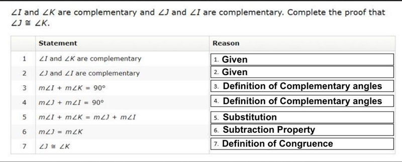 ∠I and ∠K are complementary and ∠J and ∠I are complementary Complete the proof that-example-1