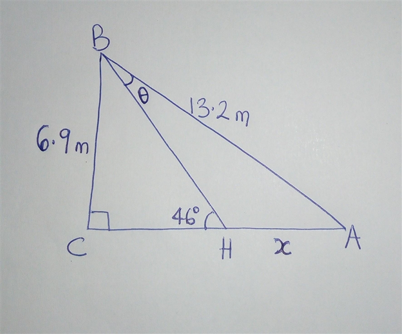 In △ABC, AB = 13.2m, BC = 6.9m and ∠ACB = 90°. H lies on AC such that ∠BHC = 46°. Find-example-1