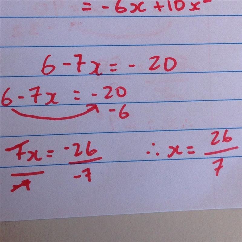 Six less than seven times a number is equal to negative twenty.-example-1