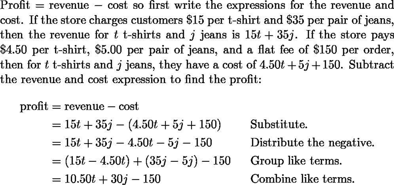 A clothing store sells t-shirts and jeans. The store charges customers $15 per t-shirt-example-1