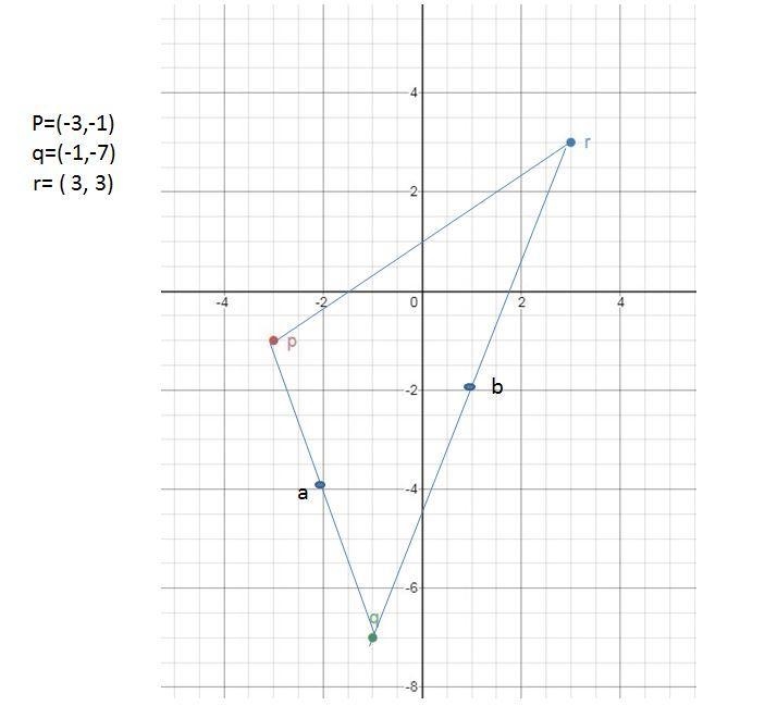 Triangle pqr has vertices p(-3 -1) q(-1,-7) and r(3,3) and points a and b are midpoints-example-1