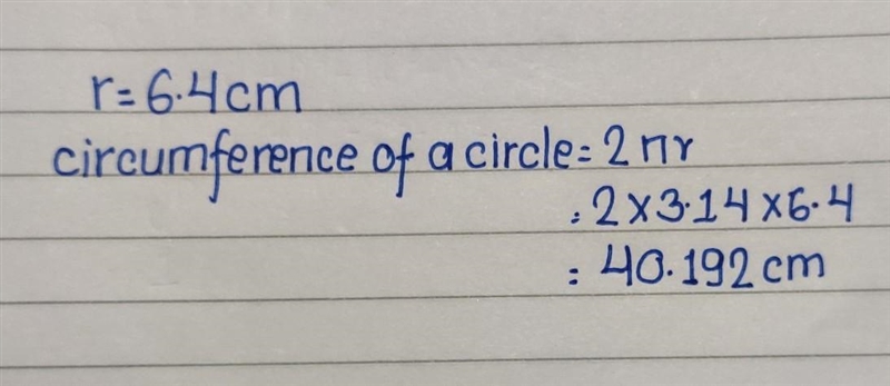 What is the circumference of the circle? Use 3.14 for pi r=6.4 cm circle-example-1