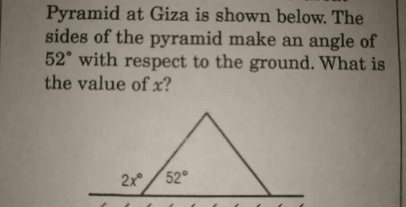 A side view of the great pyramid at Giza is shown below. The side of the pyramid make-example-1