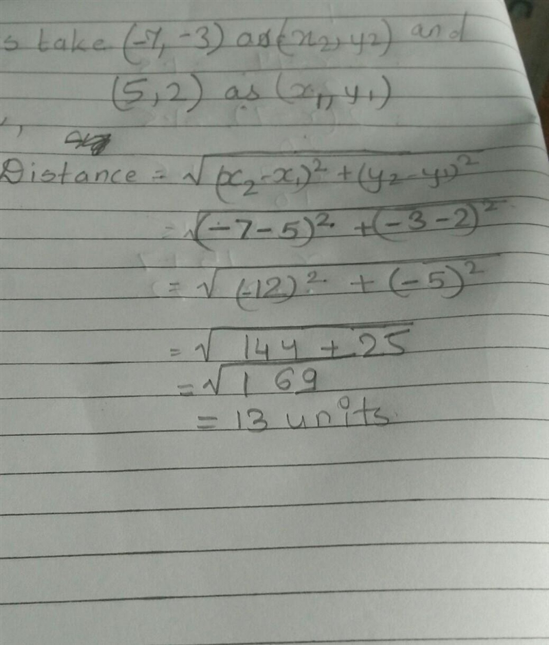 Find the distance between (-7, -3), (5, 2)-example-1