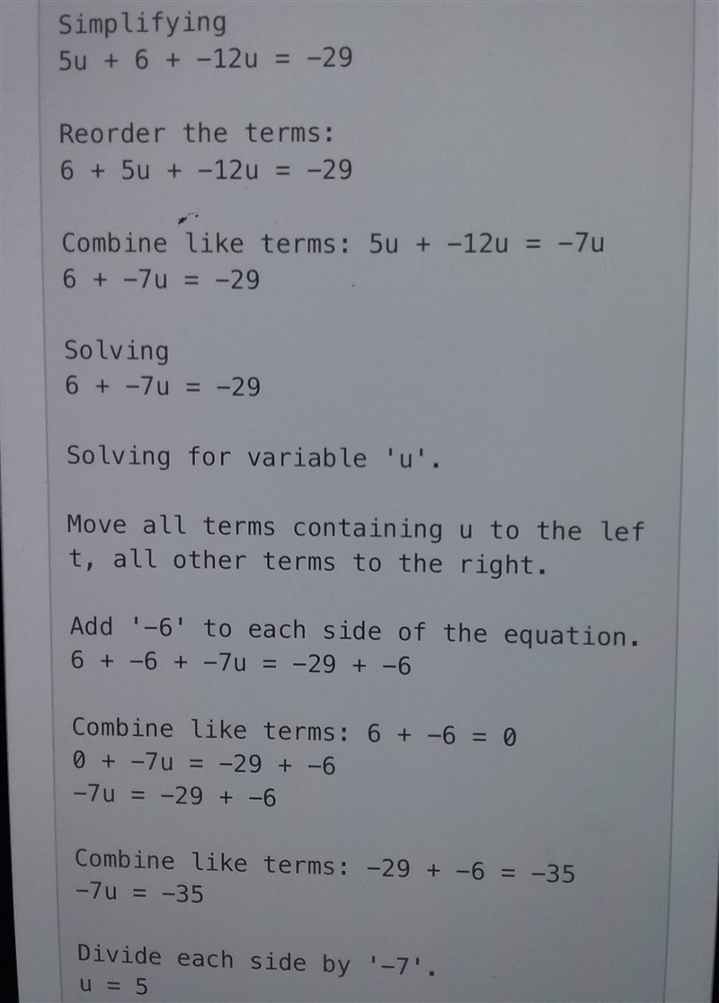 -29 = 5u+ 6-12u solve for u-example-1