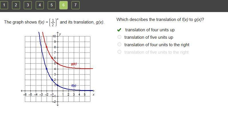 The graph shows f(x) = (one-half) Superscript x and its translation, g(x). Which describes-example-1