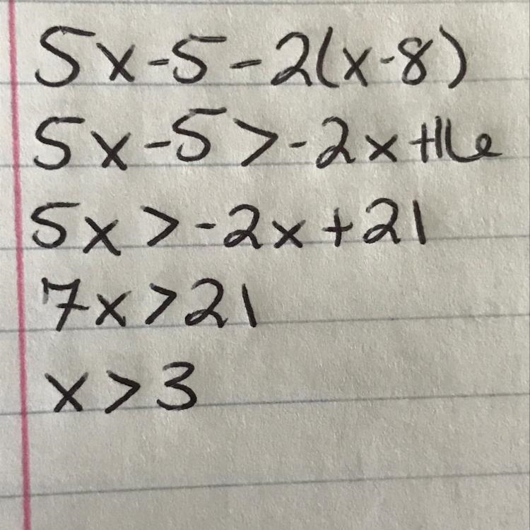 What is the solution set for 5x – 5 > -2(x -8)? A: x < 3 B: x > 7 C: x &gt-example-1