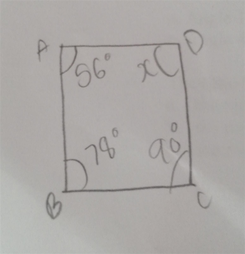 a quadrilateral has angles measuring 56 degrees, 78 degrees, and 90 degrees. how large-example-1