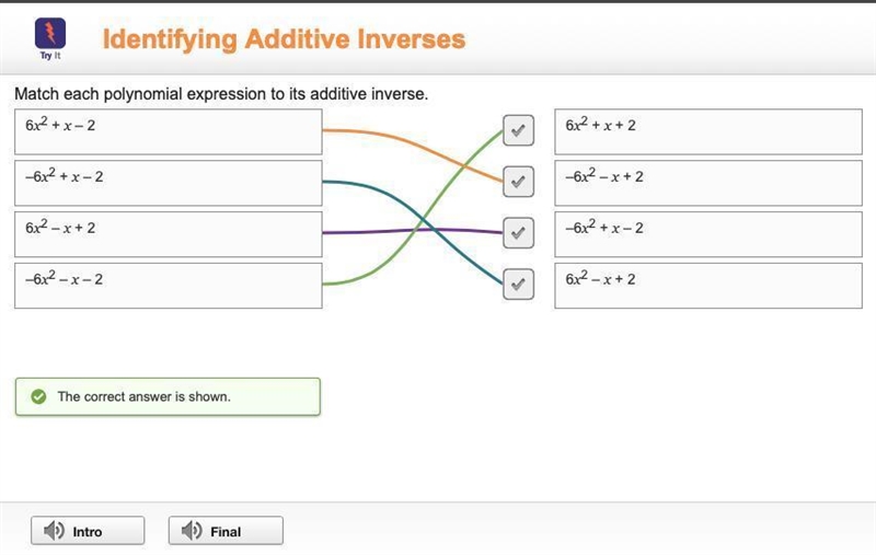 Match each polynomial expression to is additive inverse-example-1