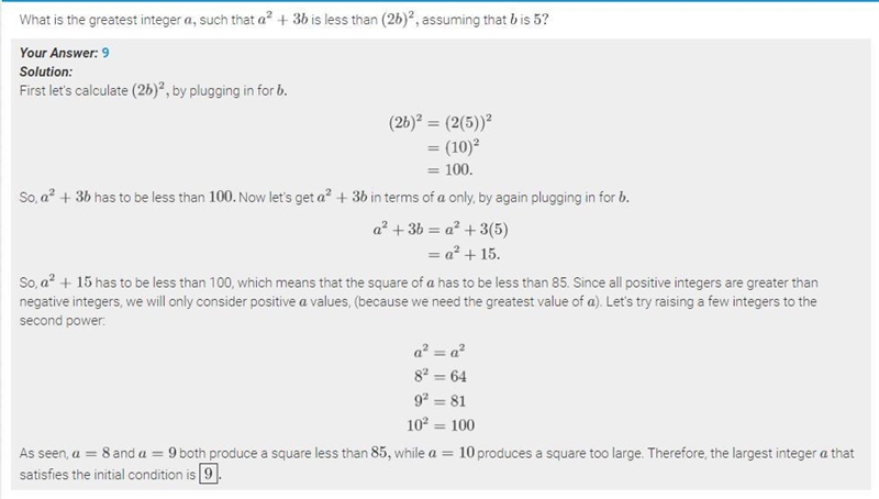 What is the greatest integer a, such that a^2 + 3b is less than (2b)^2, assuming that-example-1