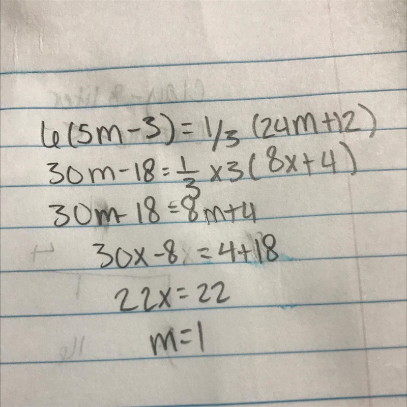 Please help 6(5m-3)=1/3(24m+12)-example-1