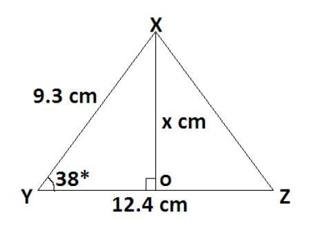 XYZ is a triangle. XY = 9.3 cm YZ= 12.4 cm Angle XYZ= 38° Work out the area of triangle-example-1