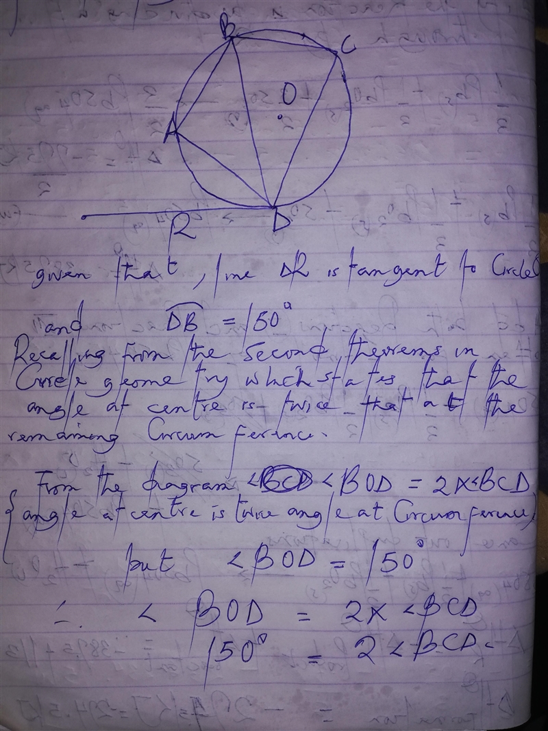 Given: Line DR tangent to Circle O. If (arc) DB = 150 degrees, then 75 105 150-example-2