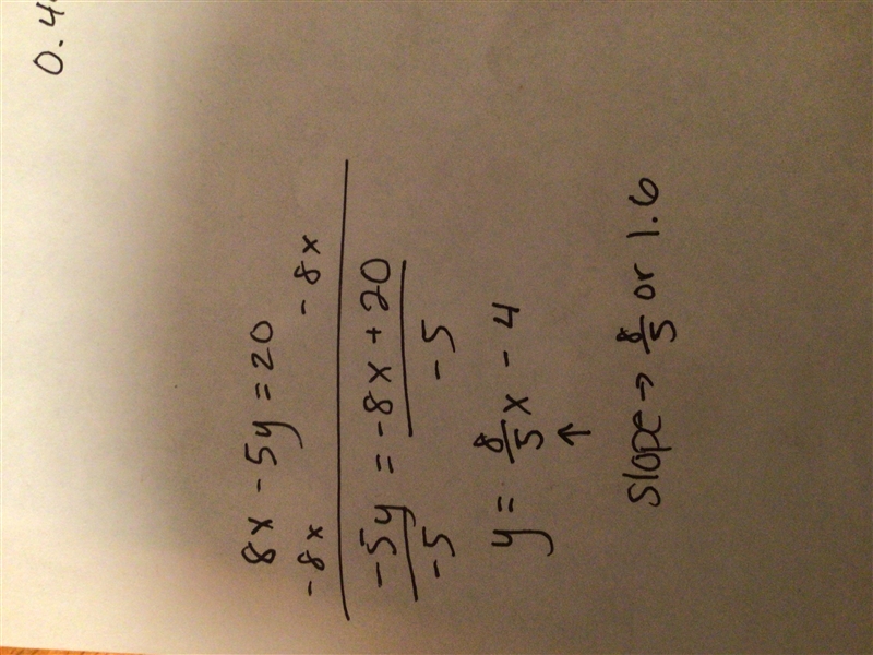 What is the slope of 8x - 5y = 20?-example-1