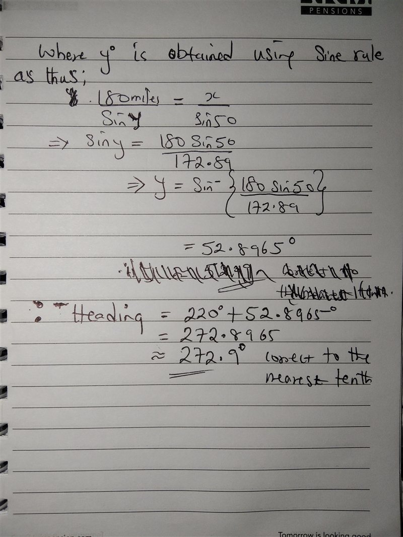 An airplane flies 220 miles with a heading of 40 and then flies 180 miles with a heading-example-2