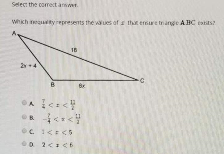 Which inequality represents the values of X that insure triangle ABC exists-example-1