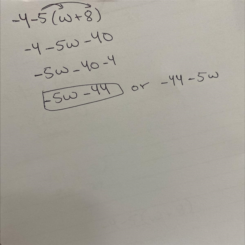 PLEASE HELP I NEED IT FAST Simplify the expression -4-5(w+8)-example-1