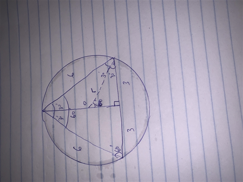 An equilateral triangle with sides of length 6 is inscribed in a circle what is the-example-1