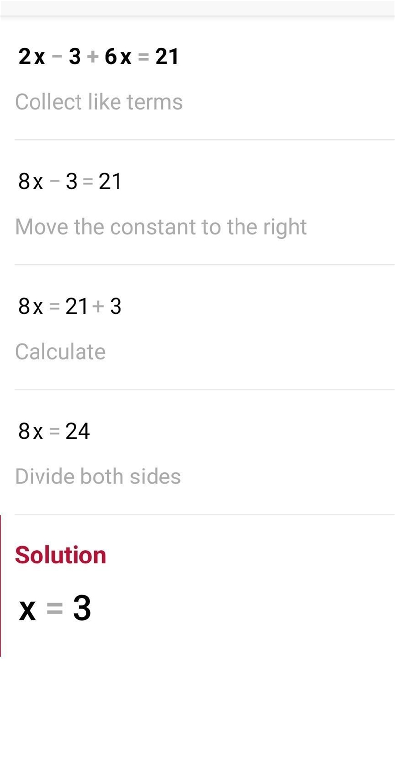 Solve for x. 2x – 3 + 6x = 21 x = [?]-example-1