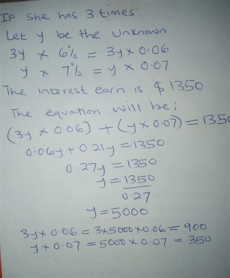 A woman earns $1,350 in interest from two accounts in 1 year. If she has three times-example-1