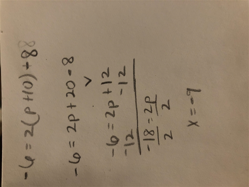 Solve for -6=2(p+10)+-8-example-1