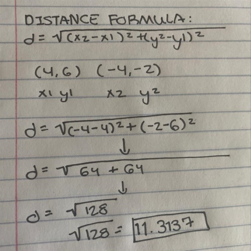 What is the exact distance from (−4, −2) to (4, 6)?-example-1