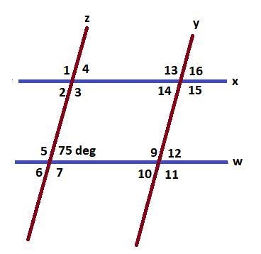 Parallel lines x and w are cut by transversals z and y and form 4 angles at each intersection-example-1