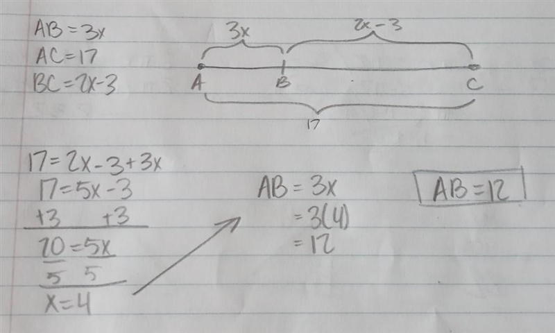 Find AB if AC = 17, BC = 2x – 3, and AB = 3x. A) 12 C) 10 B) 18 D) 3-example-1