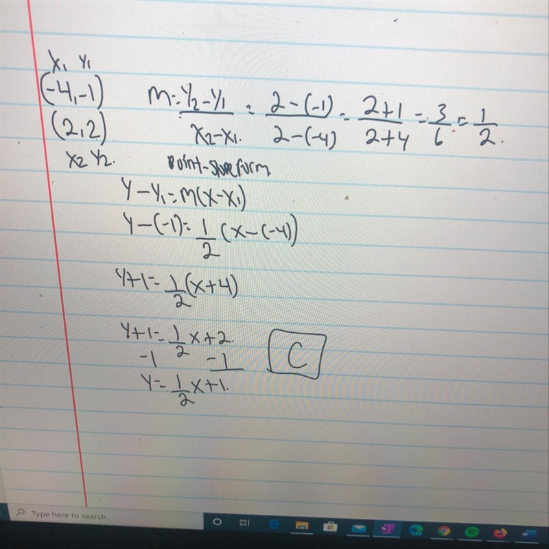 Find the equation of the line that passes through the points (2, 2) and (-4, -1). Select-example-1