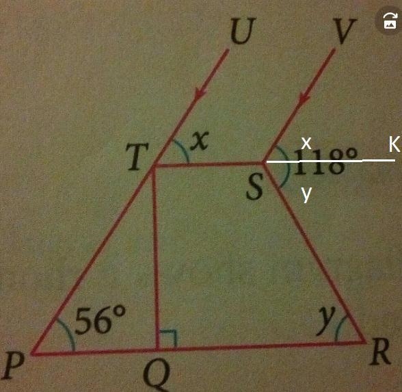 PRST is a trapezium. PQR and PTU are straight lines. Find the values of x and y.​-example-1