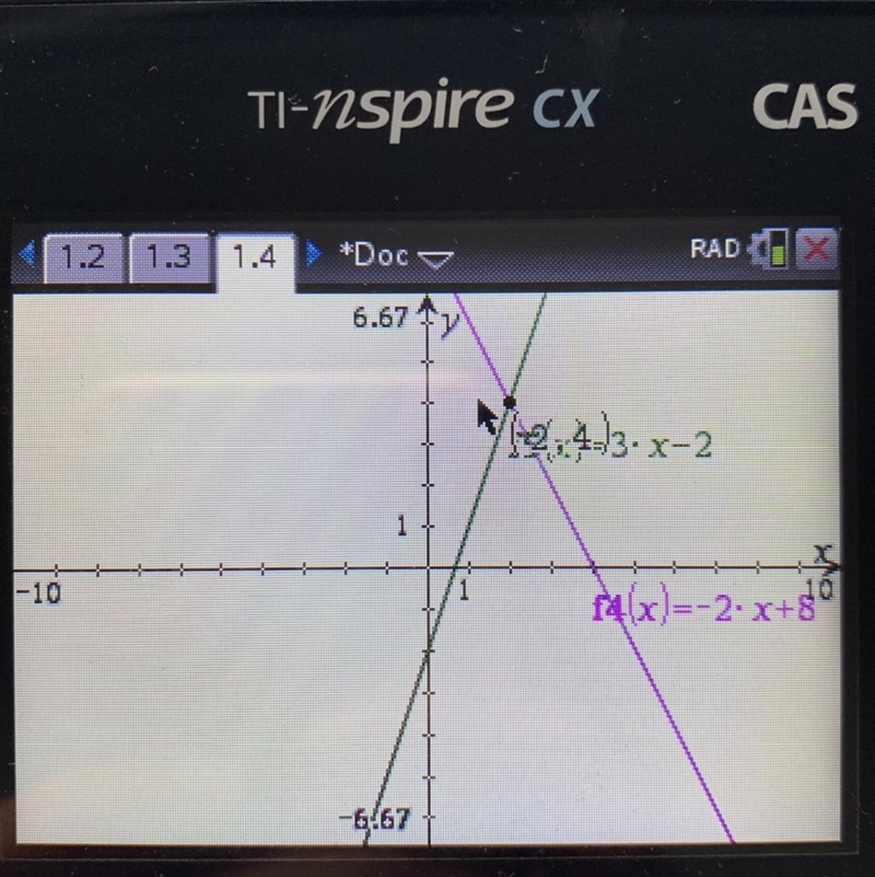 У = 3х – 2 y = — 2х +8 How do I solve it by graphing?-example-1