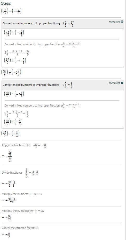 Divide. (3 5/9)÷(−2 2/3) Enter your answer as a mixed number, in simplest form, in-example-1