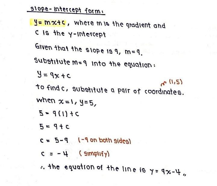 A line has a slope of 9 and passes through the point (1,5). What is its equation in-example-1