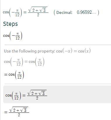 Find the exact value of cos(-pi/12)-example-1