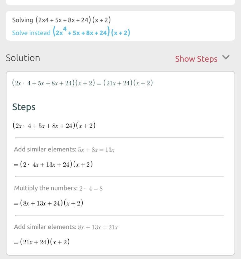 Perform the operation: (2x4 + 5x + 8x +24) : (x + 2)-example-1