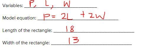 The width of a rectangle is 5 feet less than the length. The perimeter is 62. Find-example-1