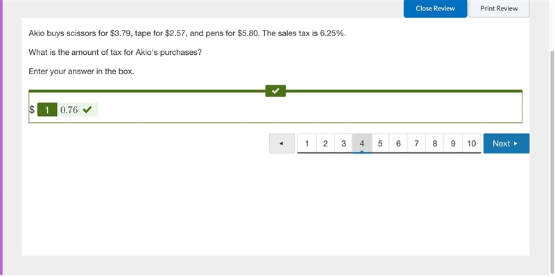 Akio buys scissors for $3.79, tape for $2.57, and pens for $5.80. The sales tax is-example-1