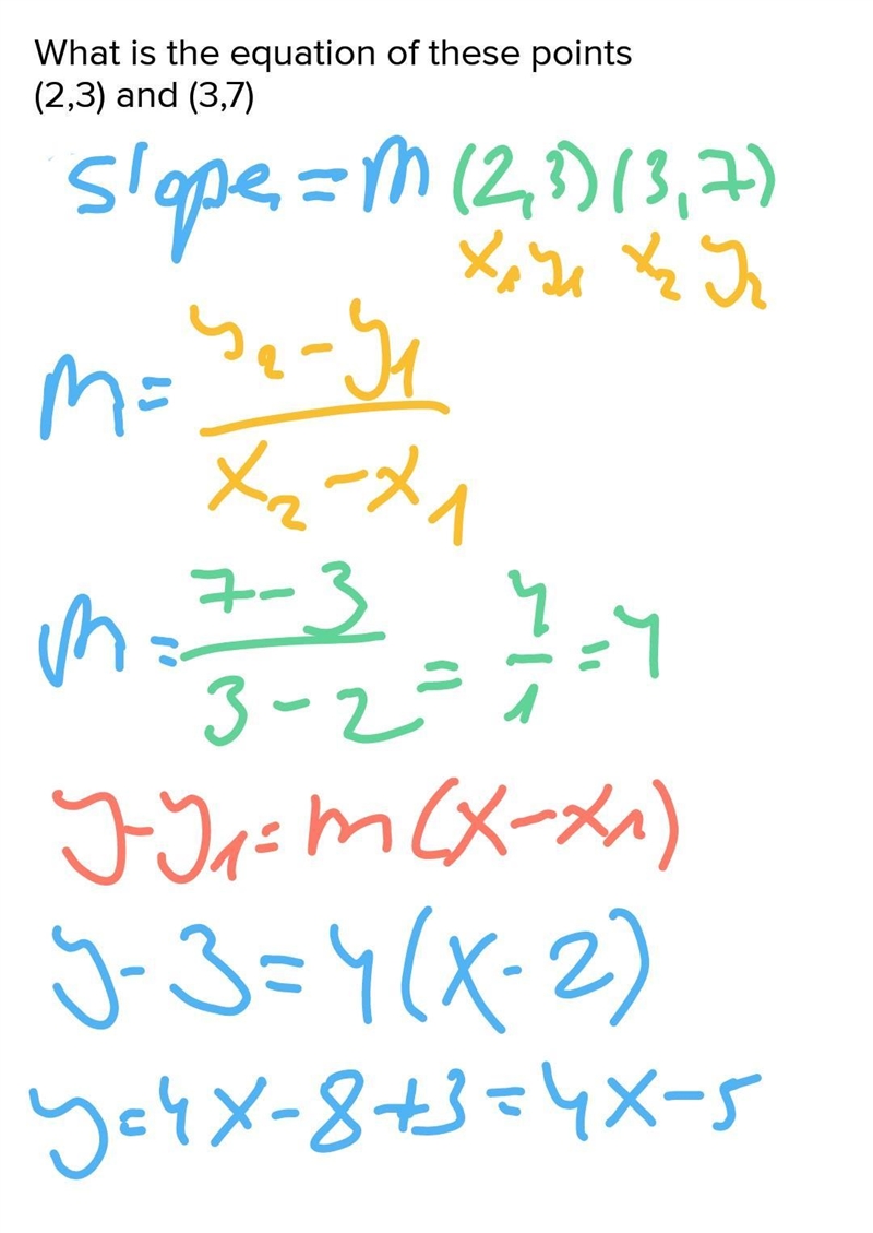 What is the equation of these points (2,3) and (3,7)-example-1