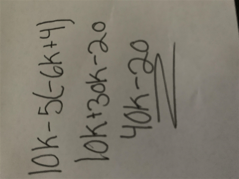 Rewrite in simplest terms: 10k-5(-6k+4)-example-1