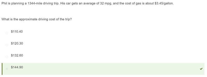 Phil is planning a 1344-mile driving trip. His car gets an average of 23 mpg, and-example-1