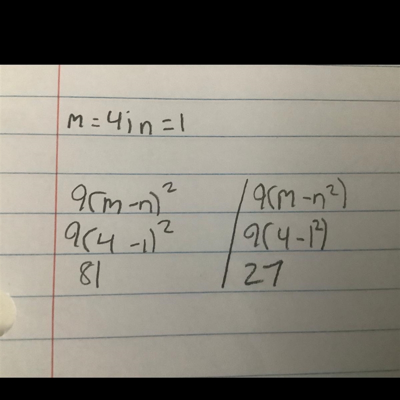 Evaluate the expression 9(m-n)^2) when m=4 and n=1-example-1