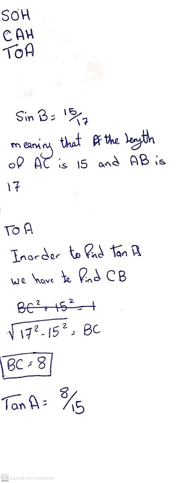 In right triangle ABC, angle C is the right angle. If sin B = 15/17, what is the value-example-1