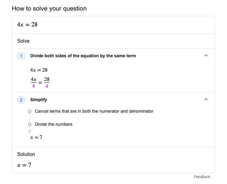 Maya solved an equation incorrectly, as shown below: Step 1: 4x = 28 Step 2: x = 28 − 4 Step-example-1