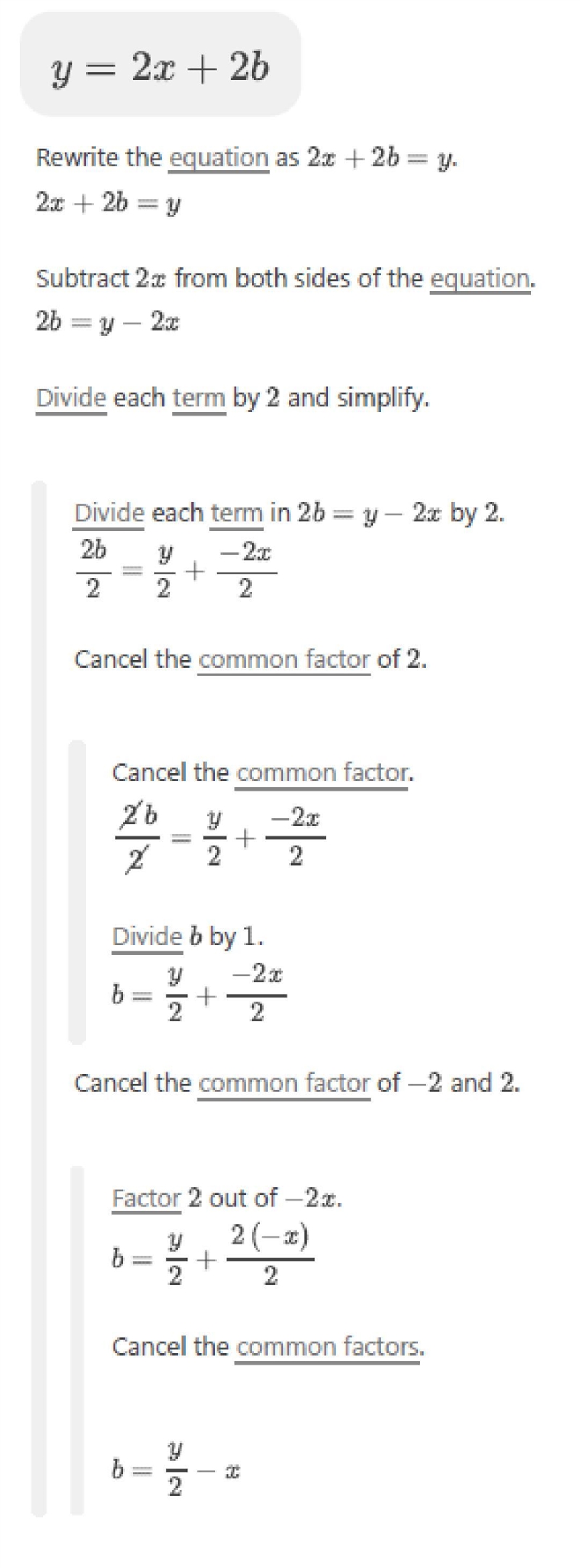 Solve for b in the literal equation y = 2x + 2b. b =-example-1